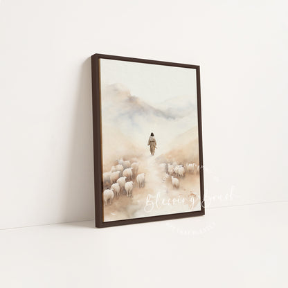 Jesus leaving the 99 sheep to find the lost sheep in a dark wood framed canvas by Blessing Brush