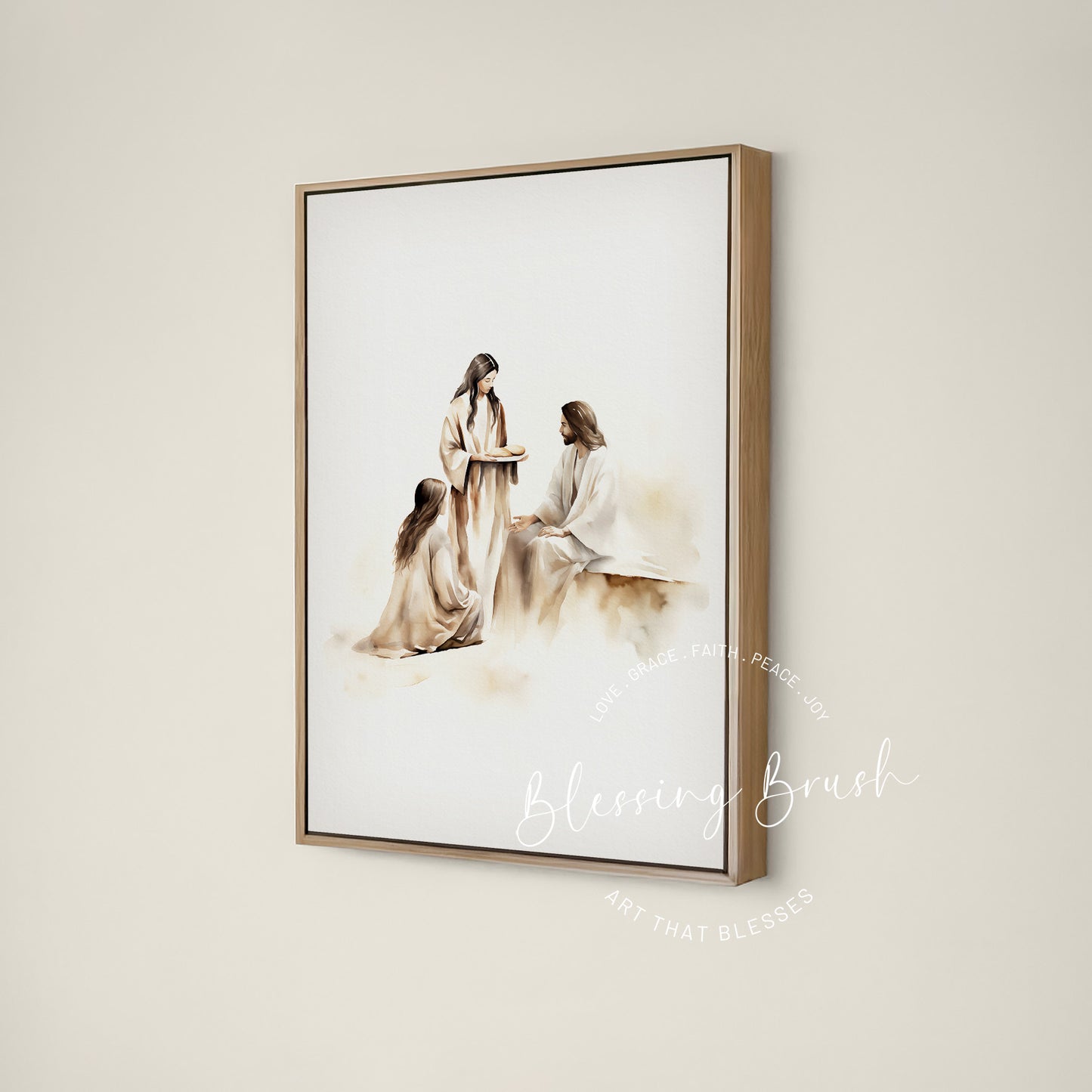 Mary sitting at Jesus’ feet while Martha serves bread, beige Christian framed canvas wall art by Blessing Brush