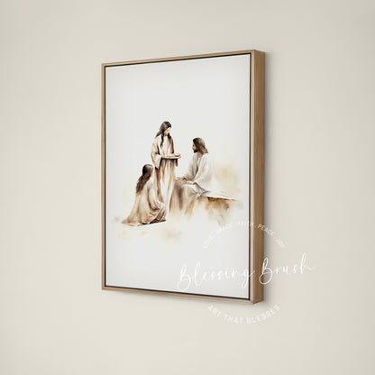 Mary sitting at Jesus’ feet while Martha serves bread, beige Christian framed canvas wall art by Blessing Brush
