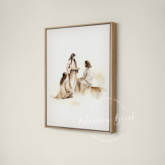 Mary sitting at Jesus’ feet while Martha serves bread, beige Christian framed canvas wall art by Blessing Brush