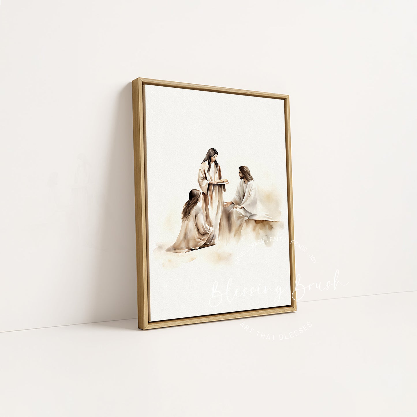 Mary and Martha with Jesus - Christian Framed Canvas Wall Art, Bible Devotion Scene, Faith-Based Neutral Home Decor