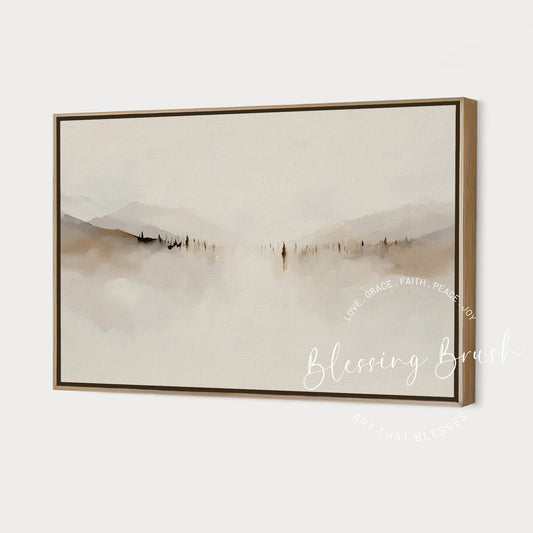 Abstract minimalist painting of Jesus teaching the multitudes, Sermon on the Mount scene, modern Christian wall art - by Blessing Brush.