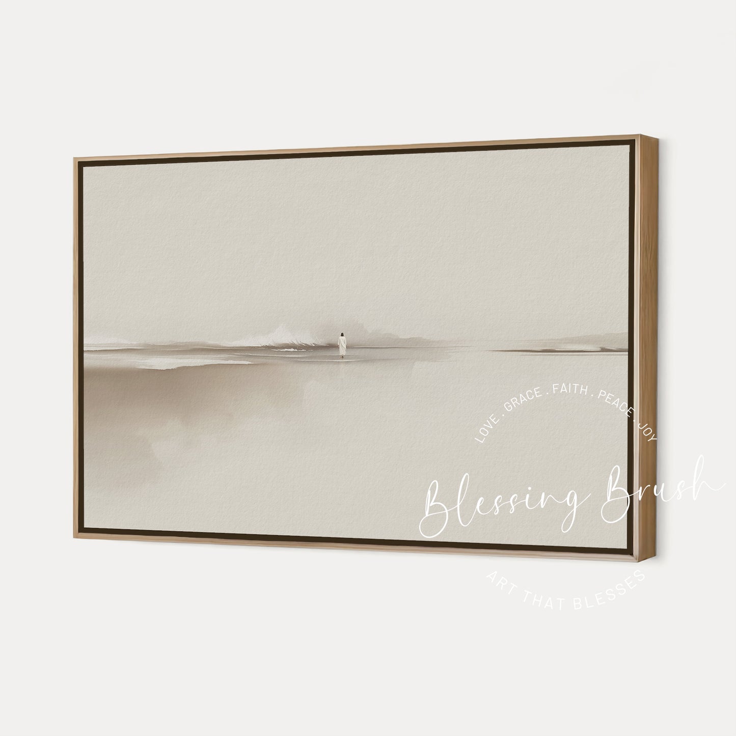 Walk by Faith – Jesus Walking on Water Framed Canvas, Minimalist Neutral Christian Wall Art | Blessing Brush