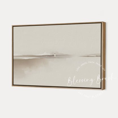 Walk by Faith – Jesus Walking on Water Framed Canvas, Minimalist Neutral Christian Wall Art | Blessing Brush