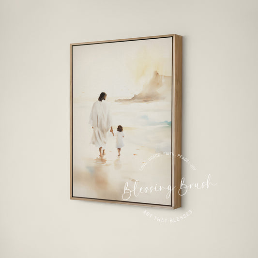 Jesus walking hand in hand with His little girl by the sea, peaceful beige Christian framed canvas wall art by Blessing Brush