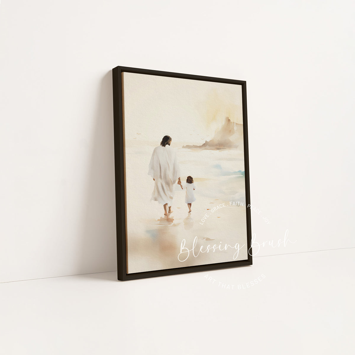 Jesus Walking with Child - Christian Framed Canvas Wall Art, Gentle Faith-Inspired Print, Spiritual Shoreline Scene for Home or Nursery