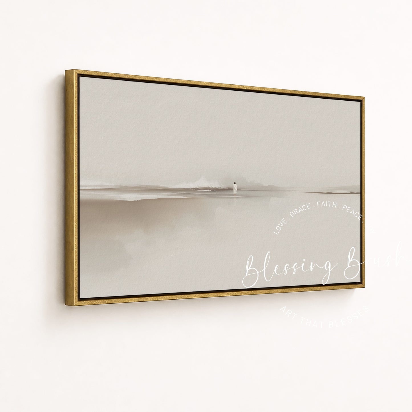 Walk by Faith – Jesus Walking on Water Framed Canvas, Minimalist Neutral Christian Wall Art | Blessing Brush