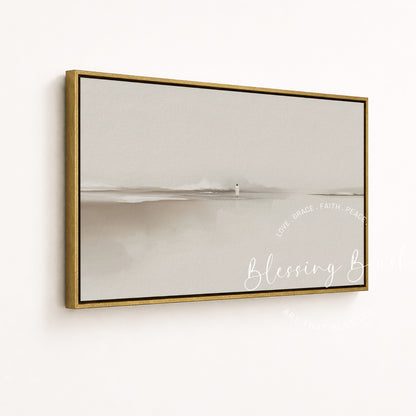Walk by Faith – Jesus Walking on Water Framed Canvas, Minimalist Neutral Christian Wall Art | Blessing Brush