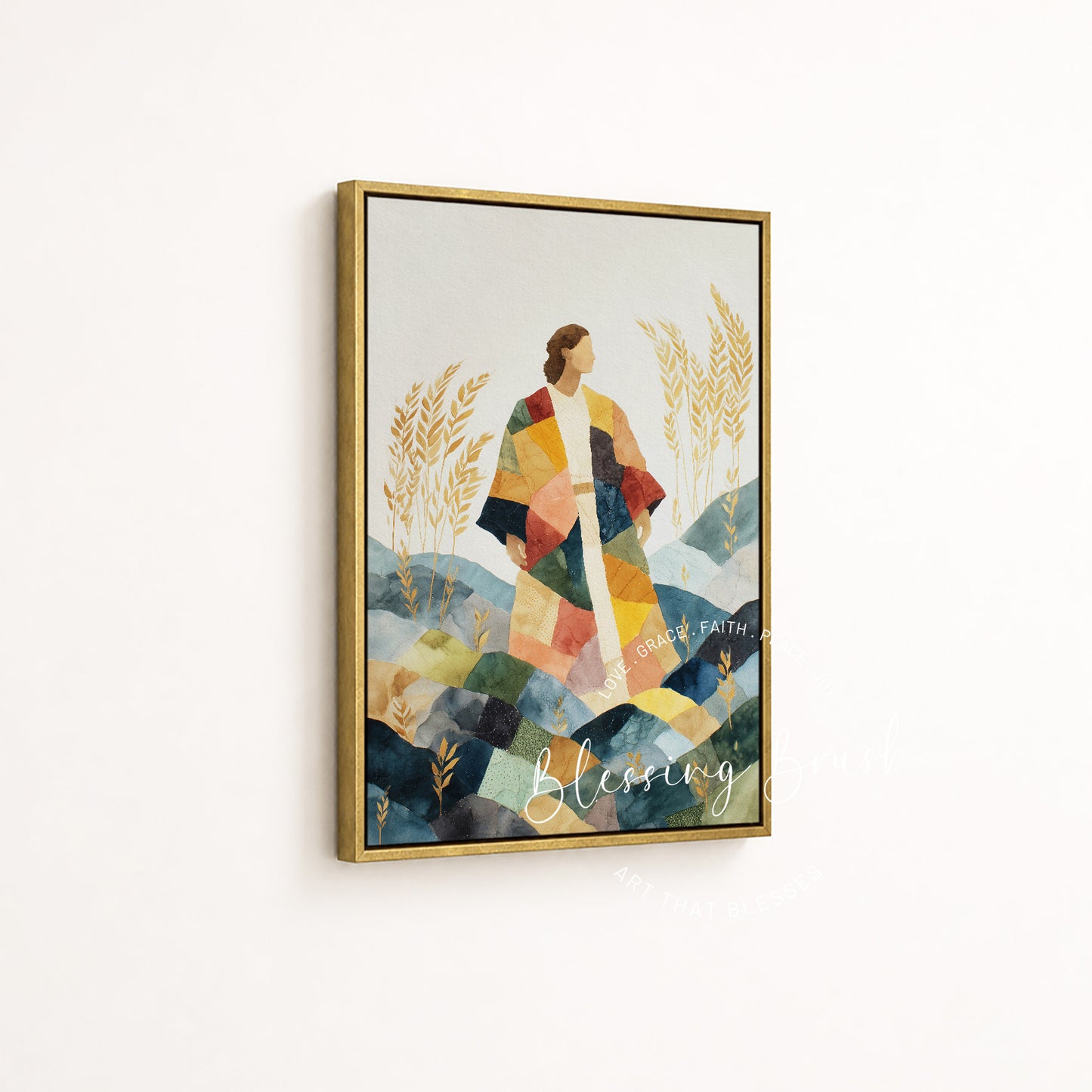 Biblical story artwork showing Joseph’s colorful robe and wheat dream in a gold frame by Blessing Brush