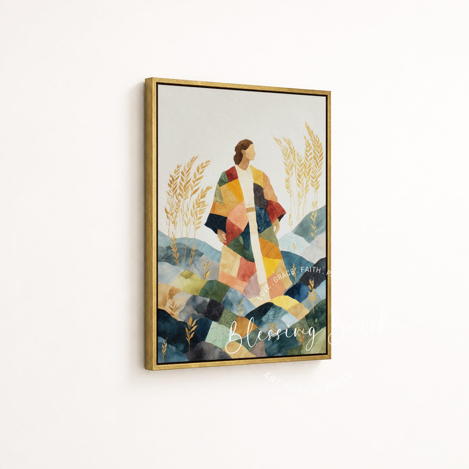 Biblical story artwork showing Joseph’s colorful robe and wheat dream in a gold frame by Blessing Brush
