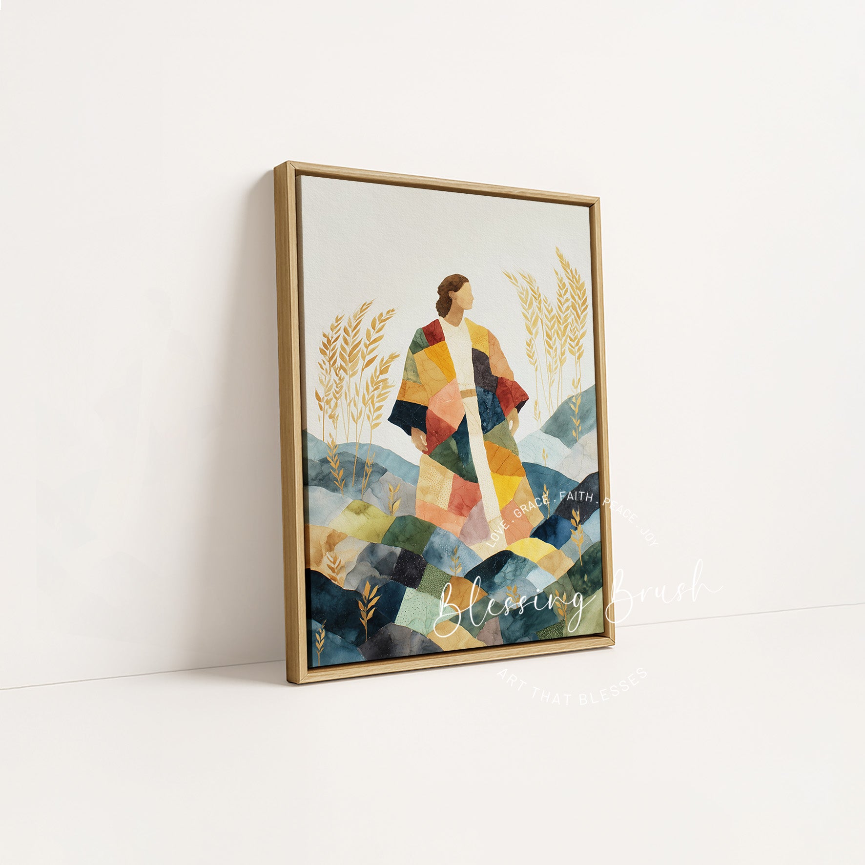 Old Testament portrait of Joseph in his multicolored robe with a natural wood frame by Blessing Brush