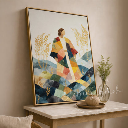 Genesis 37 artwork depicting Joseph in his coat of many color, golden wheat and the dream of the bowing sheaves by Blessing Brush