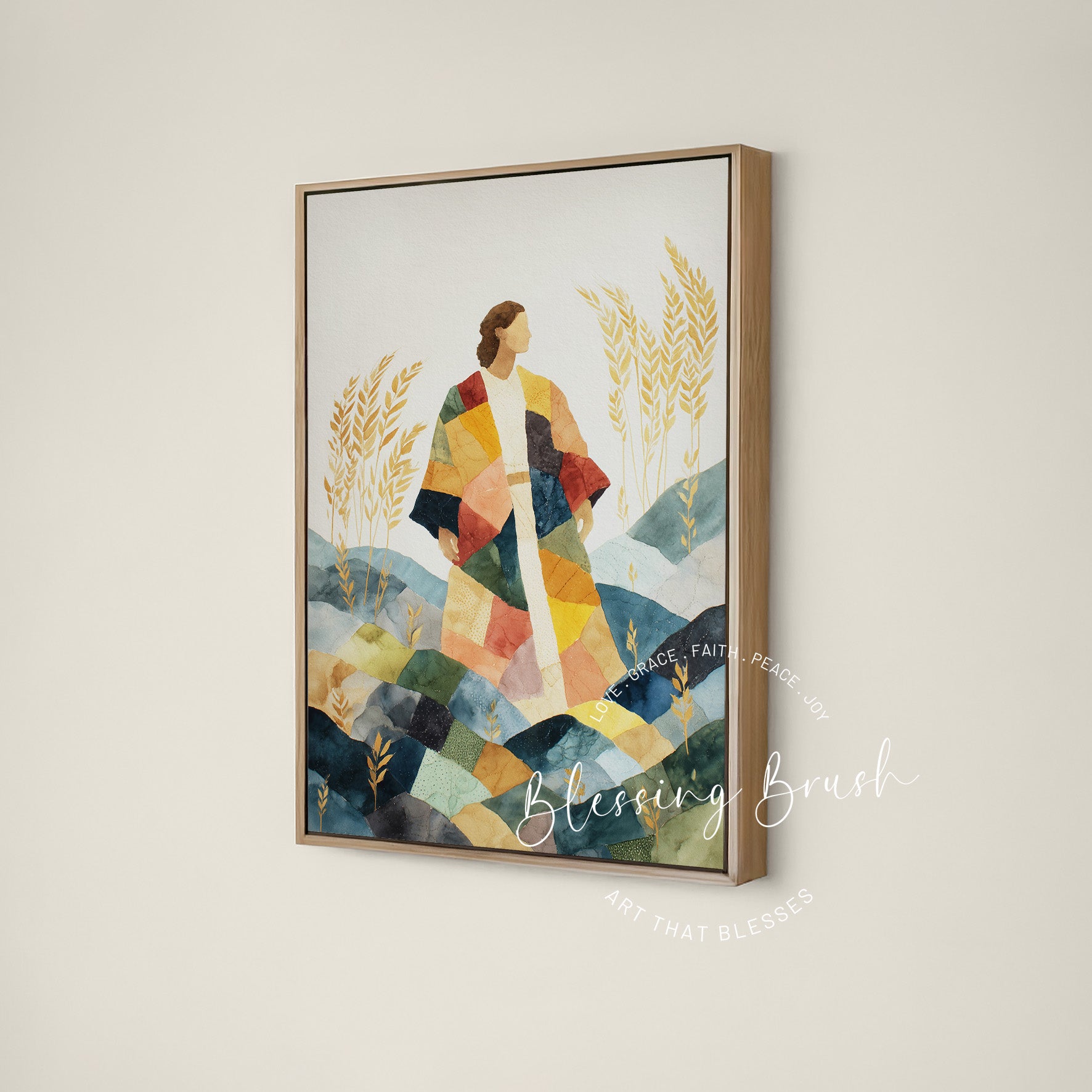 Joseph wearing his coat of many colors among golden wheat in Christian framed canvas art by Blessing Brush