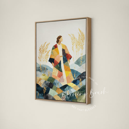 Joseph wearing his coat of many colors among golden wheat in Christian framed canvas art by Blessing Brush