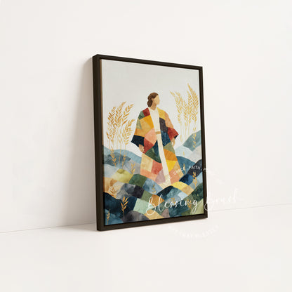 Modern colorful Christian canvas of Joseph presented in a black frame by Blessing Brush
