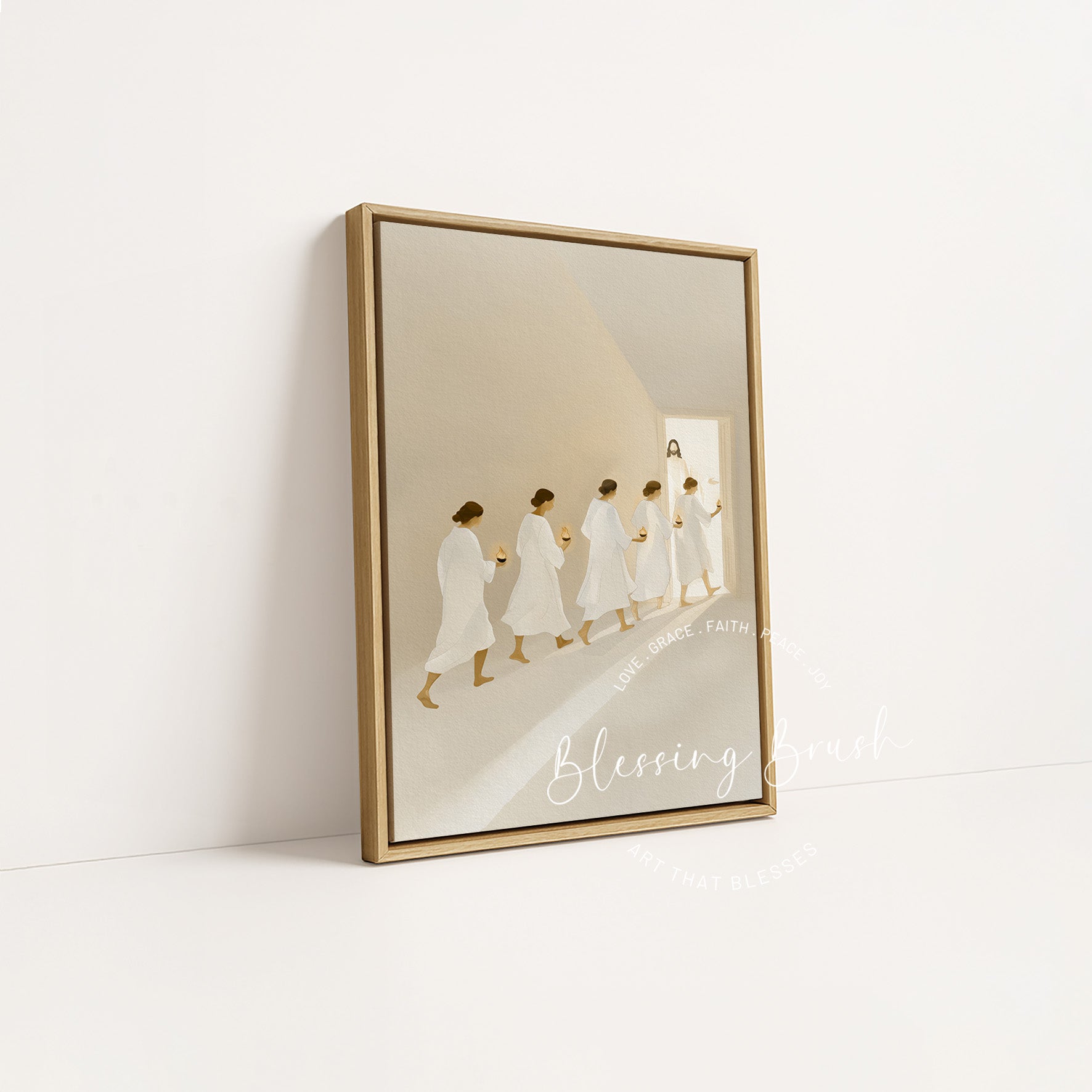 Wise virgins carrying lit oil lamps in a natural wood framed Christian canvas by Blessing Brush