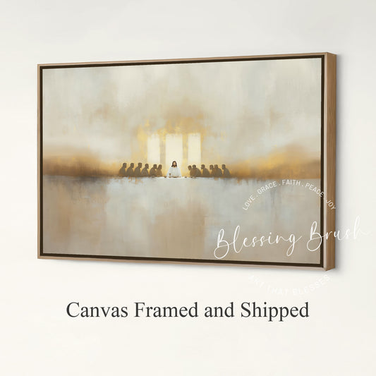 Minimalist Last Supper artwork of Jesus and disciples, framed Christian wall art in warm neutral tones for Easter, Passover and Holy Communion