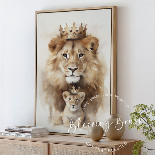 Watercolor painting of a crowned lion and cub sitting together, symbolizing fatherhood, protection, royalty, and faith, framed Christian canvas wall art, Blessing Brush.