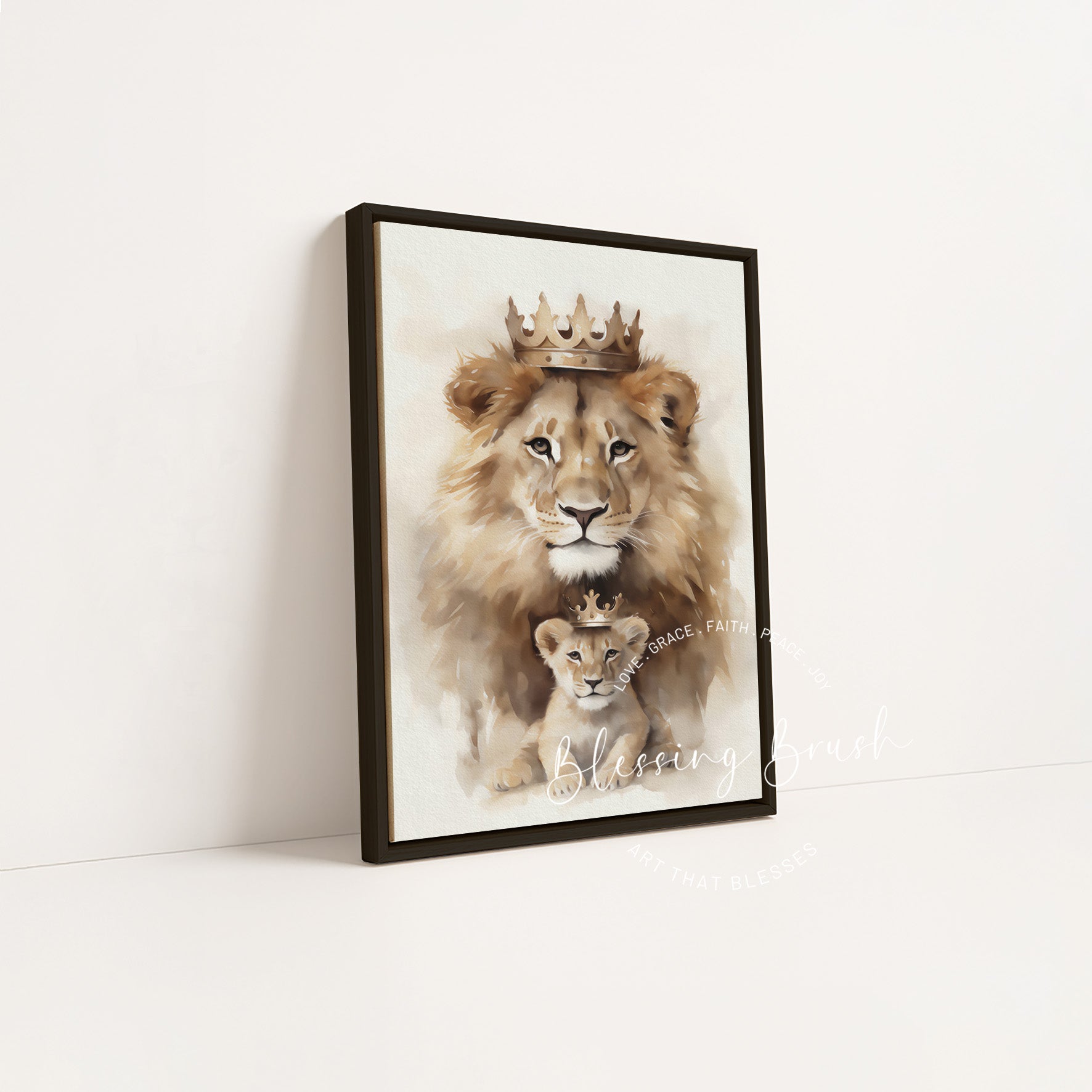 Black framed Lion of Judah father and cub modern Christian wall art for nursery or bedroom | Blessing Brush