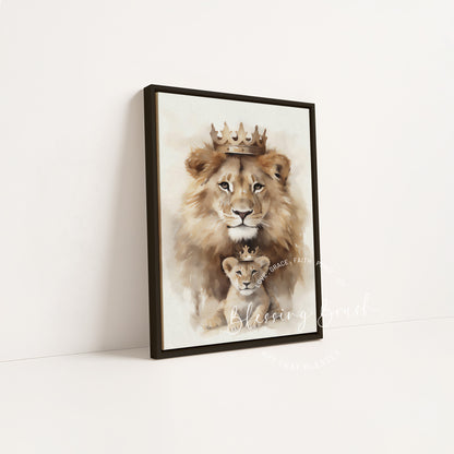 Black framed Lion of Judah father and cub modern Christian wall art for nursery or bedroom | Blessing Brush