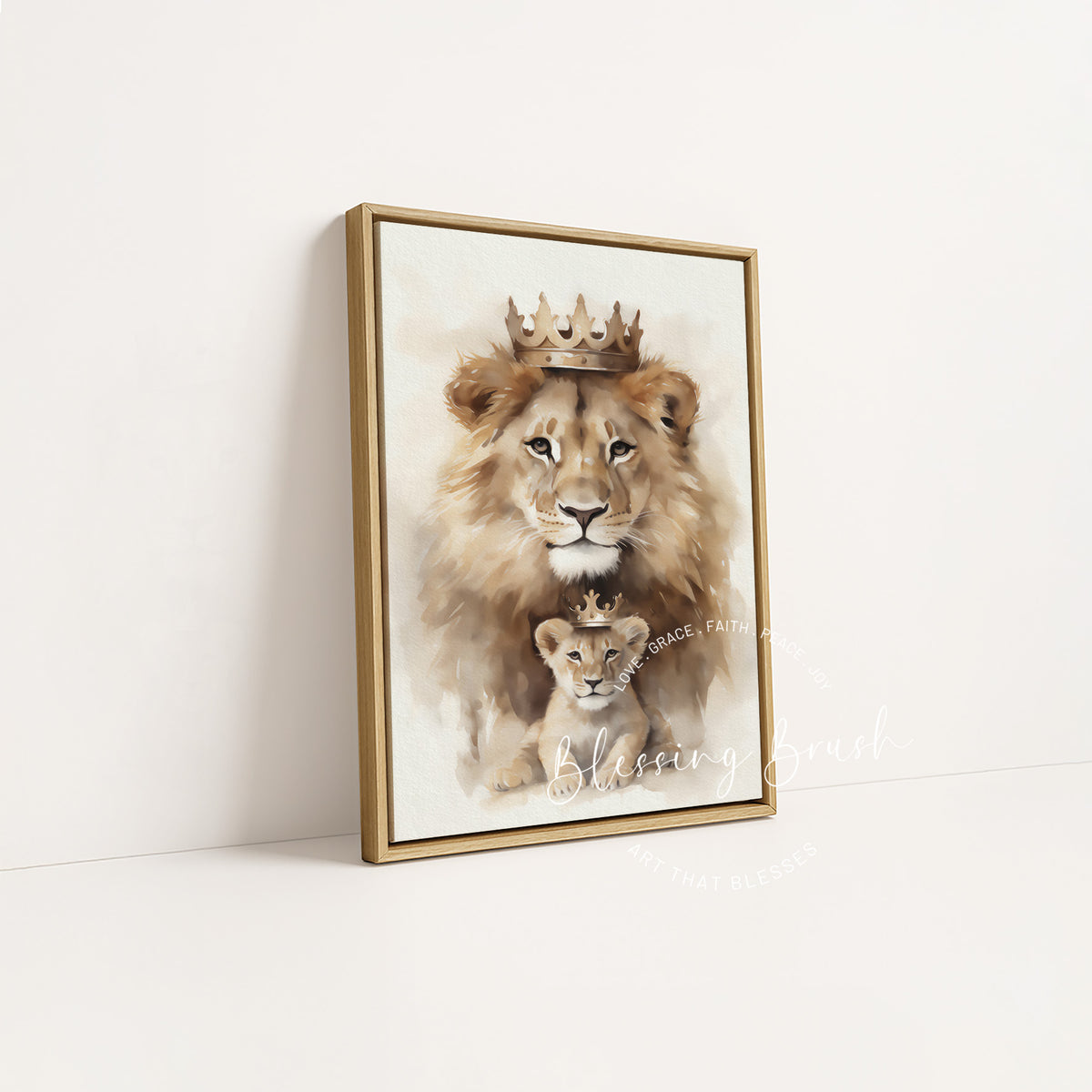 Wood framed Lion of Judah and cub Christian canvas art, peaceful nursery or living room faith gift | Blessing Brush