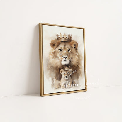 Wood framed Lion of Judah and cub Christian canvas art, peaceful nursery or living room faith gift | Blessing Brush