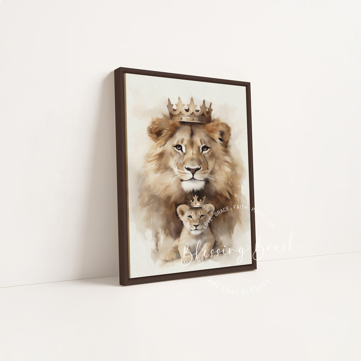 Dark wood framed Lion of Judah and son Christian canvas art, rich scripture decor for church nursery | Blessing Brush