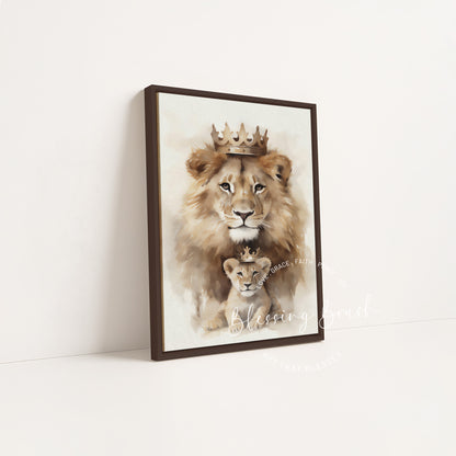 Dark wood framed Lion of Judah and son Christian canvas art, rich scripture decor for church nursery | Blessing Brush
