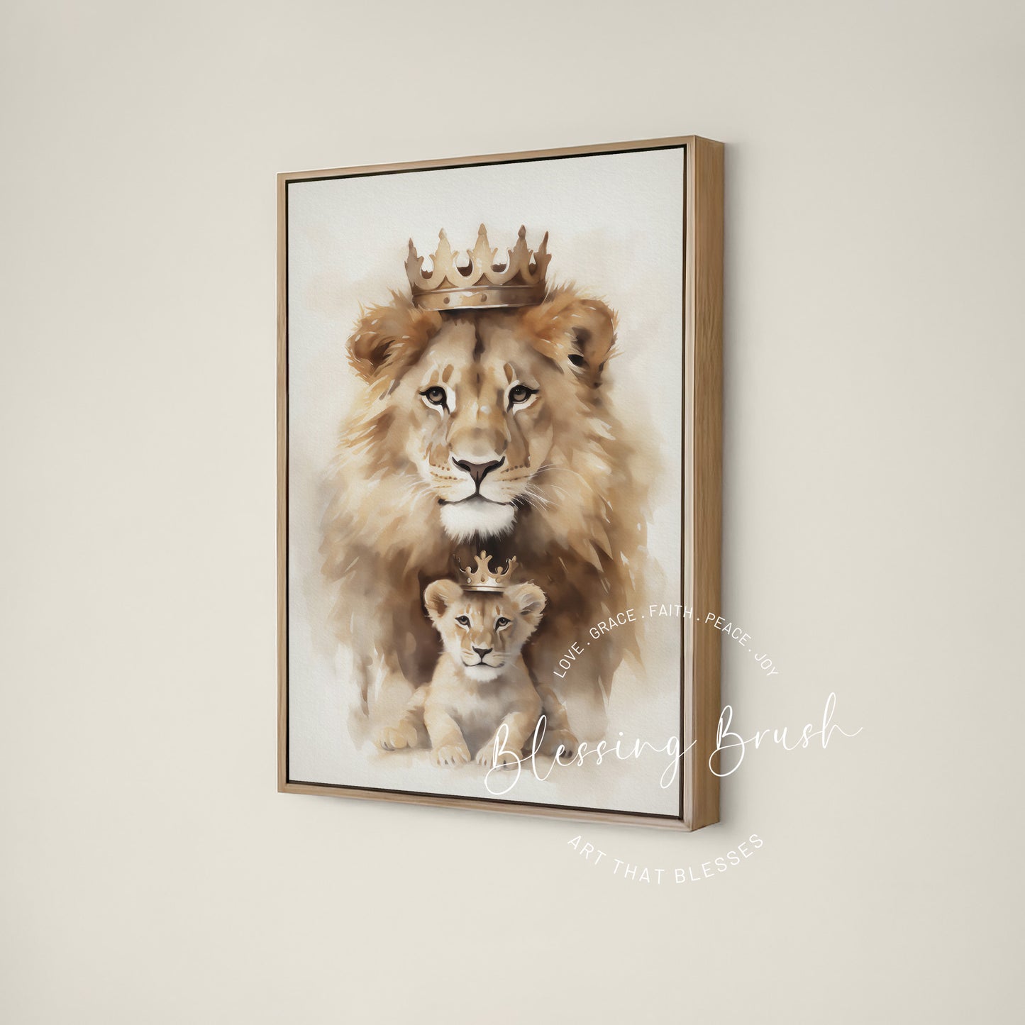 Majestic lion and cub crowned in gold, Lion of Judah Christian framed canvas art for nursery or home | Blessing Brush