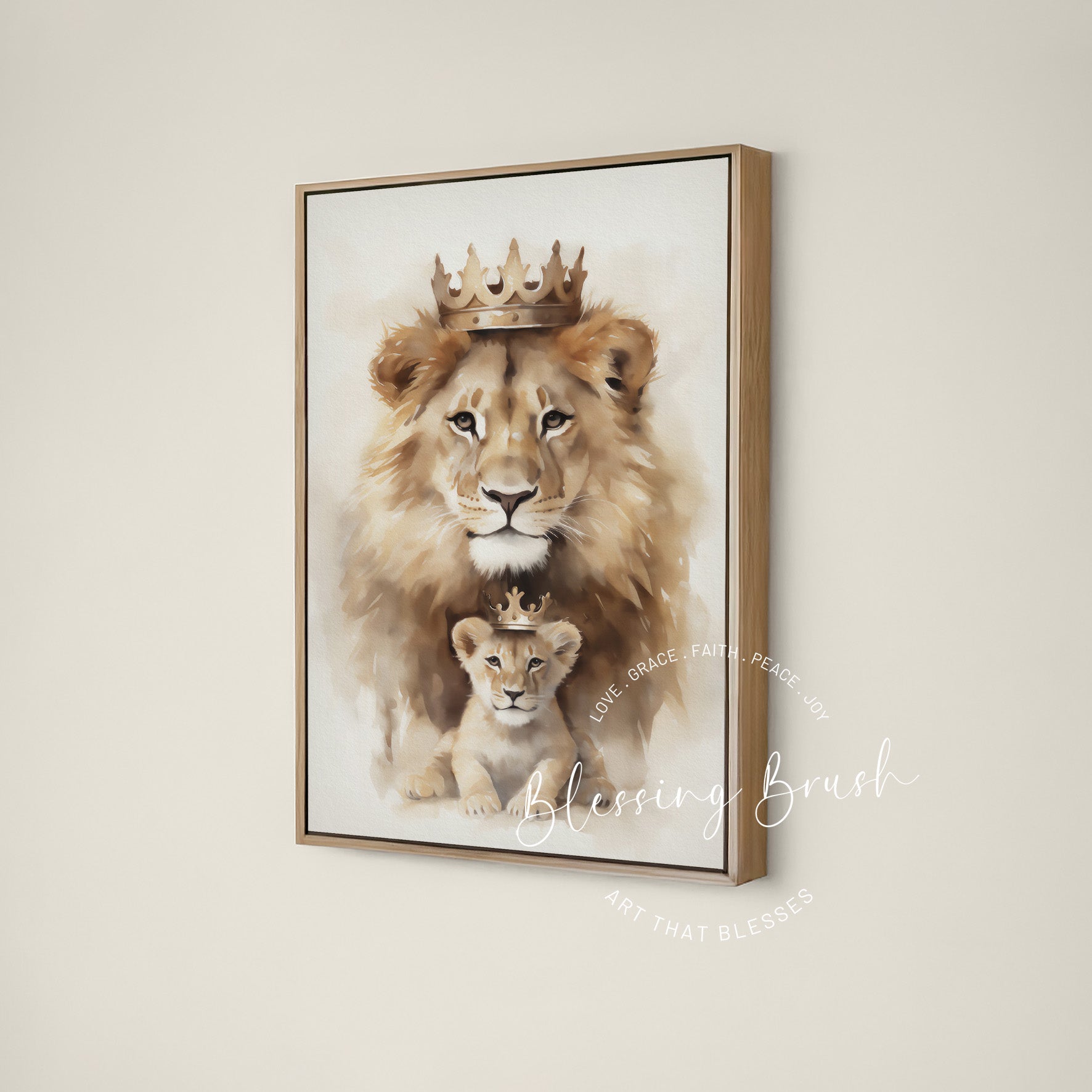 Majestic lion and cub crowned in gold, Lion of Judah Christian framed canvas art for nursery or home | Blessing Brush