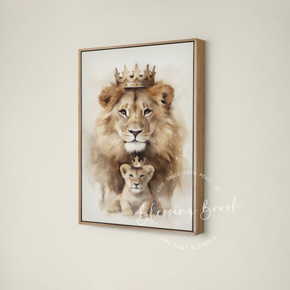 Majestic lion and cub crowned in gold, Lion of Judah Christian framed canvas art for nursery or home | Blessing Brush