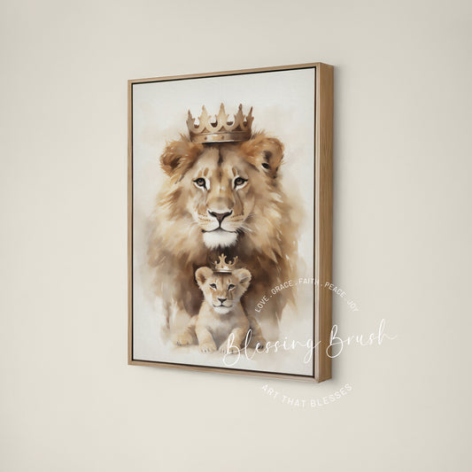 Majestic lion and cub crowned in gold, Lion of Judah Christian framed canvas art for nursery or home | Blessing Brush