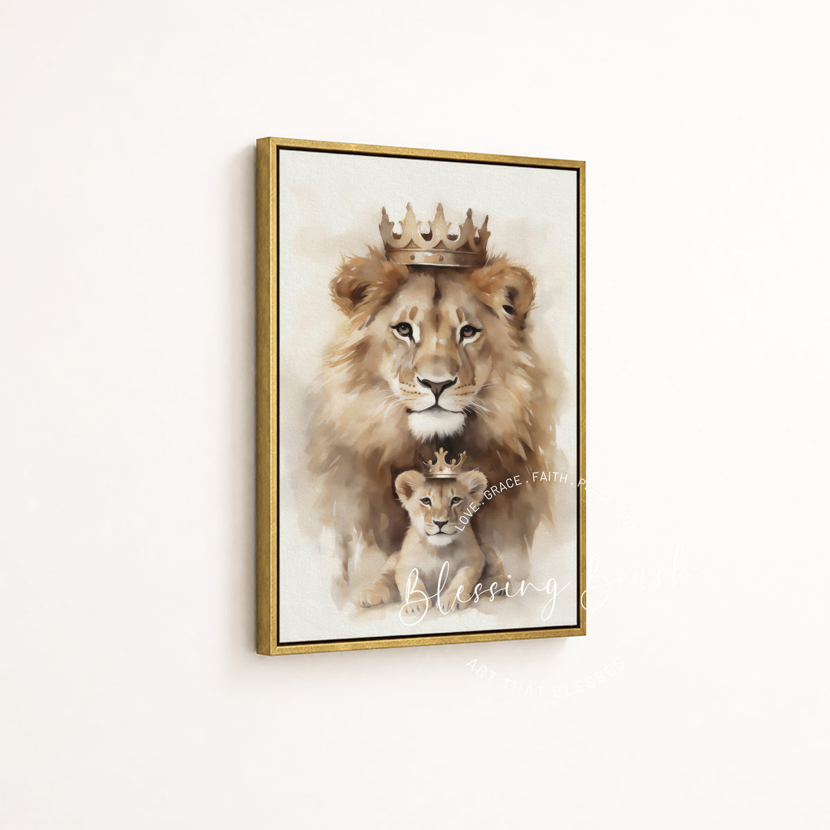 Gold framed Lion of Judah and crowned cub fine art Christian canvas, a meaningful baptism or Christmas gift | Blessing Brush