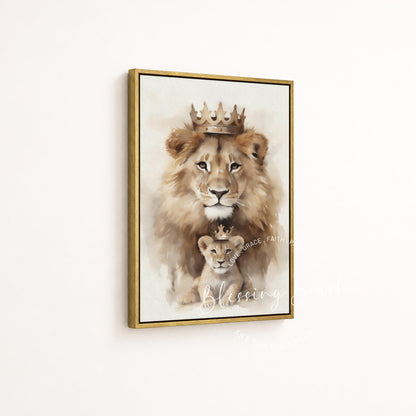 Gold framed Lion of Judah and crowned cub fine art Christian canvas, a meaningful baptism or Christmas gift | Blessing Brush