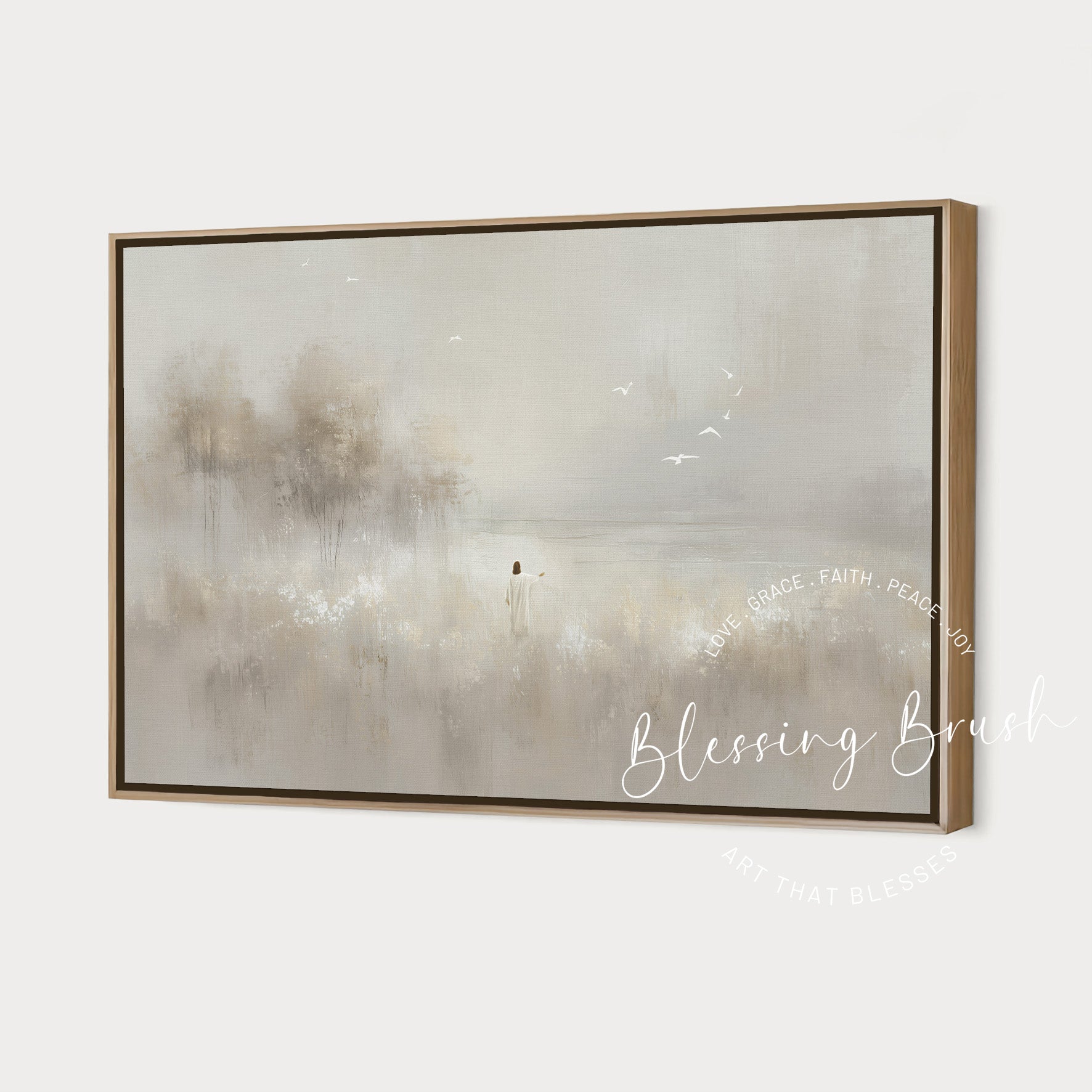 Minimalist Christian wall art featuring Jesus and birds in a peaceful meadow with lilies of the field - Blessing Brush Art.
