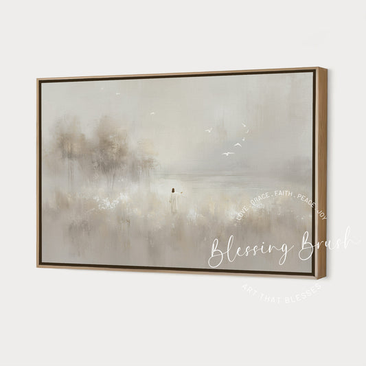 Minimalist Christian wall art featuring Jesus and birds in a peaceful meadow with lilies of the field - Blessing Brush Art.