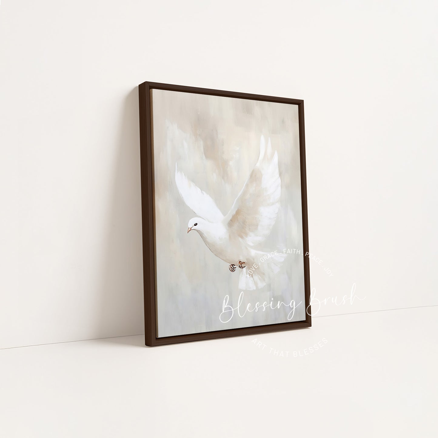 Luke 3:22 Holy Spirit dove artwork displayed in a dark wood framed canvas by Blessing Brush
