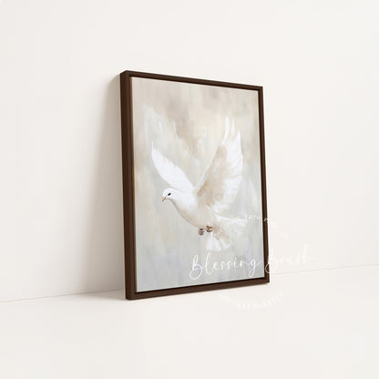 Luke 3:22 Holy Spirit dove artwork displayed in a dark wood framed canvas by Blessing Brush