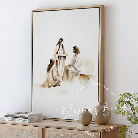 Watercolor painting of Jesus with Mary sitting at His feet while Martha stands serving, Christian framed canvas wall art in neutral tones, inspired by Luke 10, Blessing Brush.