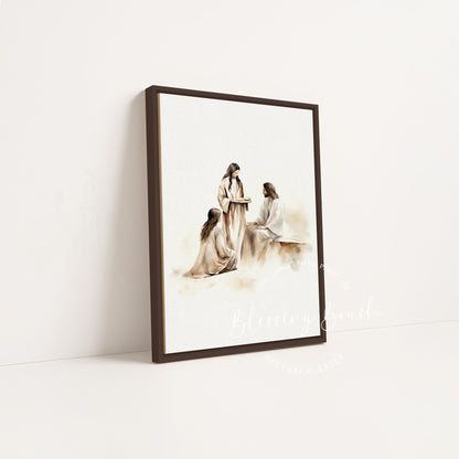Mary and Martha with Jesus - Christian Framed Canvas Wall Art, Bible Devotion Scene, Faith-Based Neutral Home Decor