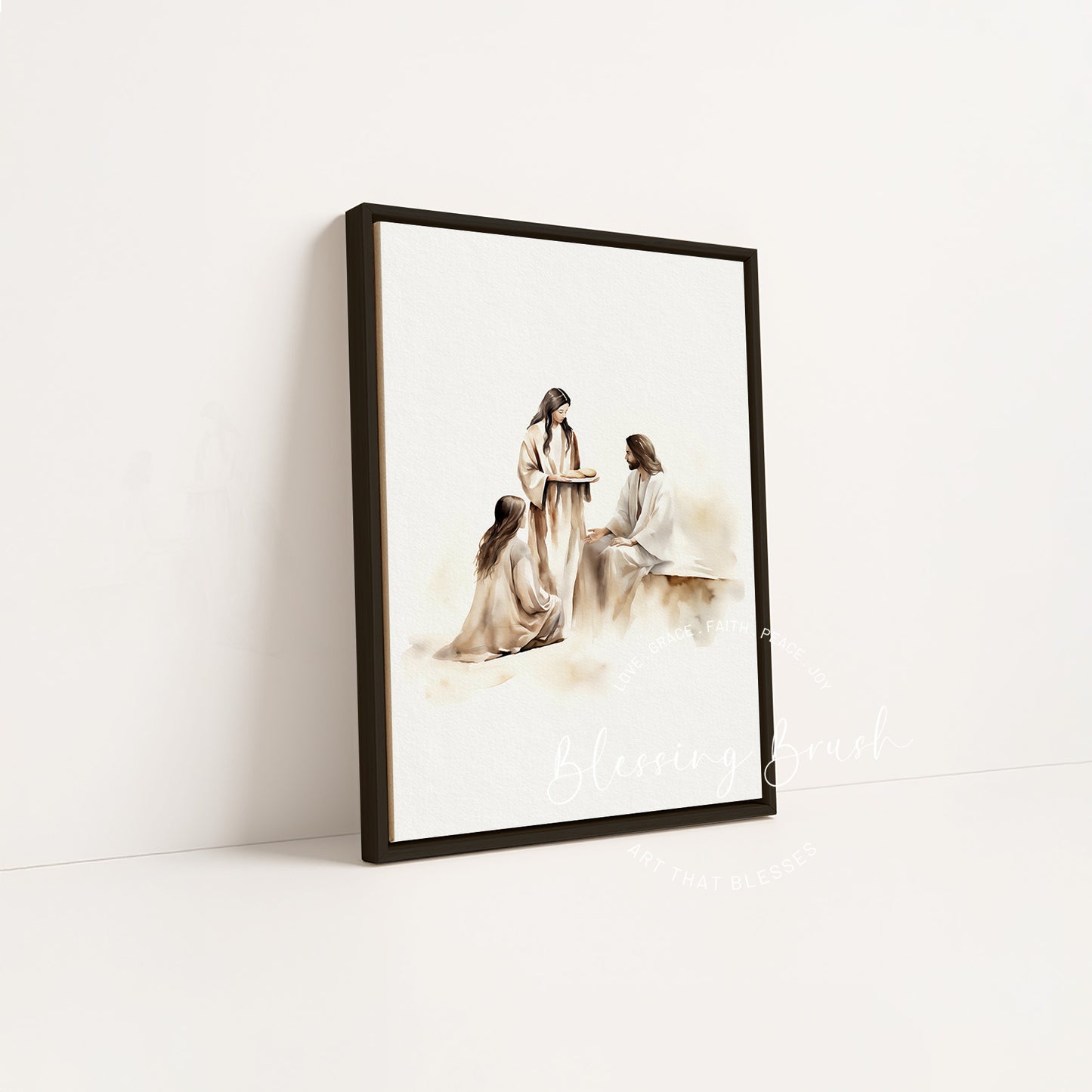 Mary and Martha with Jesus - Christian Framed Canvas Wall Art, Bible Devotion Scene, Faith-Based Neutral Home Decor