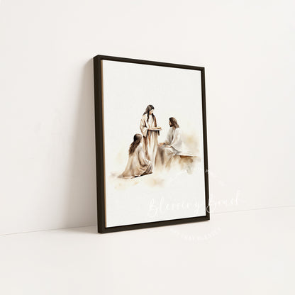 Mary and Martha with Jesus - Christian Framed Canvas Wall Art, Bible Devotion Scene, Faith-Based Neutral Home Decor