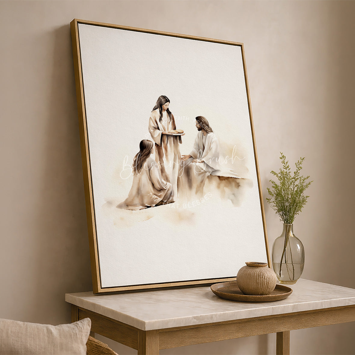Jesus with Mary and Martha, Mary seated at His feet and Martha serving, neutral Christian wall art by Blessing Brush