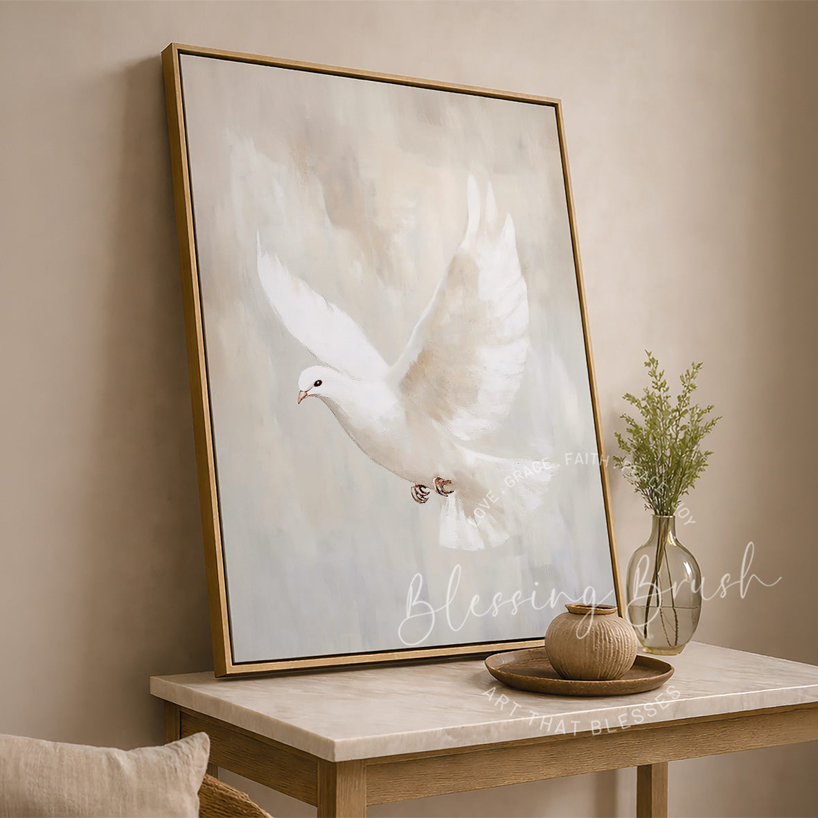 White Holy Spirit Dove flying against a soft beige background in Christian wall art by Blessing Brush