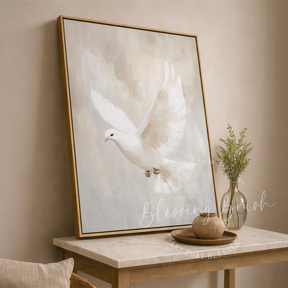 White Holy Spirit Dove flying against a soft beige background in Christian wall art by Blessing Brush