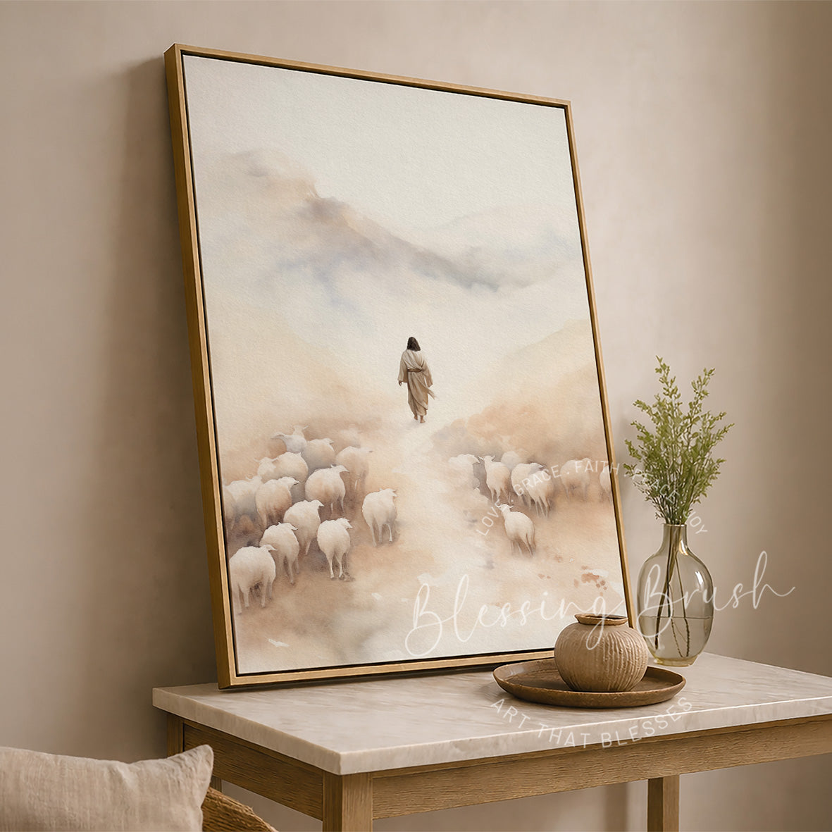 Good Shepherd searching for one lost sheep in peaceful beige neutral Christian wall decor by Blessing Brush