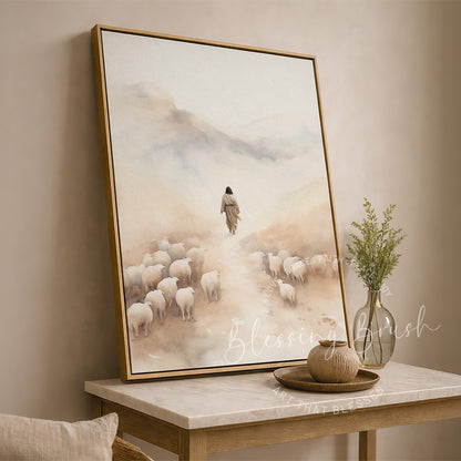Good Shepherd searching for one lost sheep in peaceful beige neutral Christian wall decor by Blessing Brush