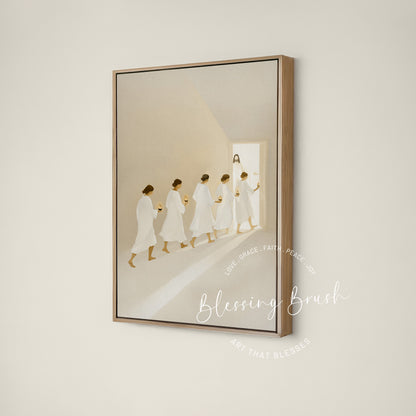 Parable of the Ten Virgins Christian wall art showing five wise virgins carrying lit oil lamps toward Jesus by Blessing Brush