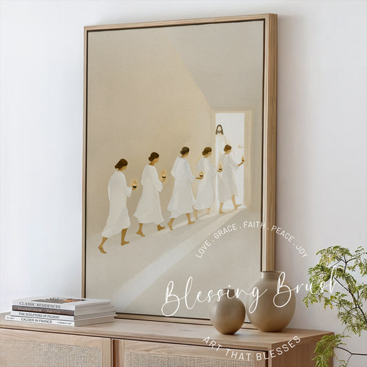 Watercolor painting of the parable of the ten virgins holding lamps and walking toward Jesus, minimalist Christian framed canvas wall art.