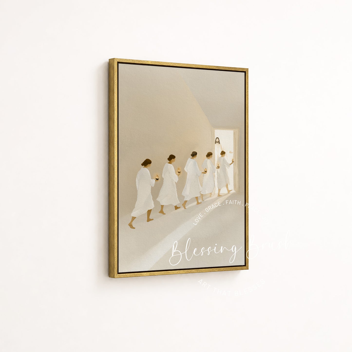 Five wise virgins entering the wedding feast in a gold framed Christian canvas by Blessing Brush